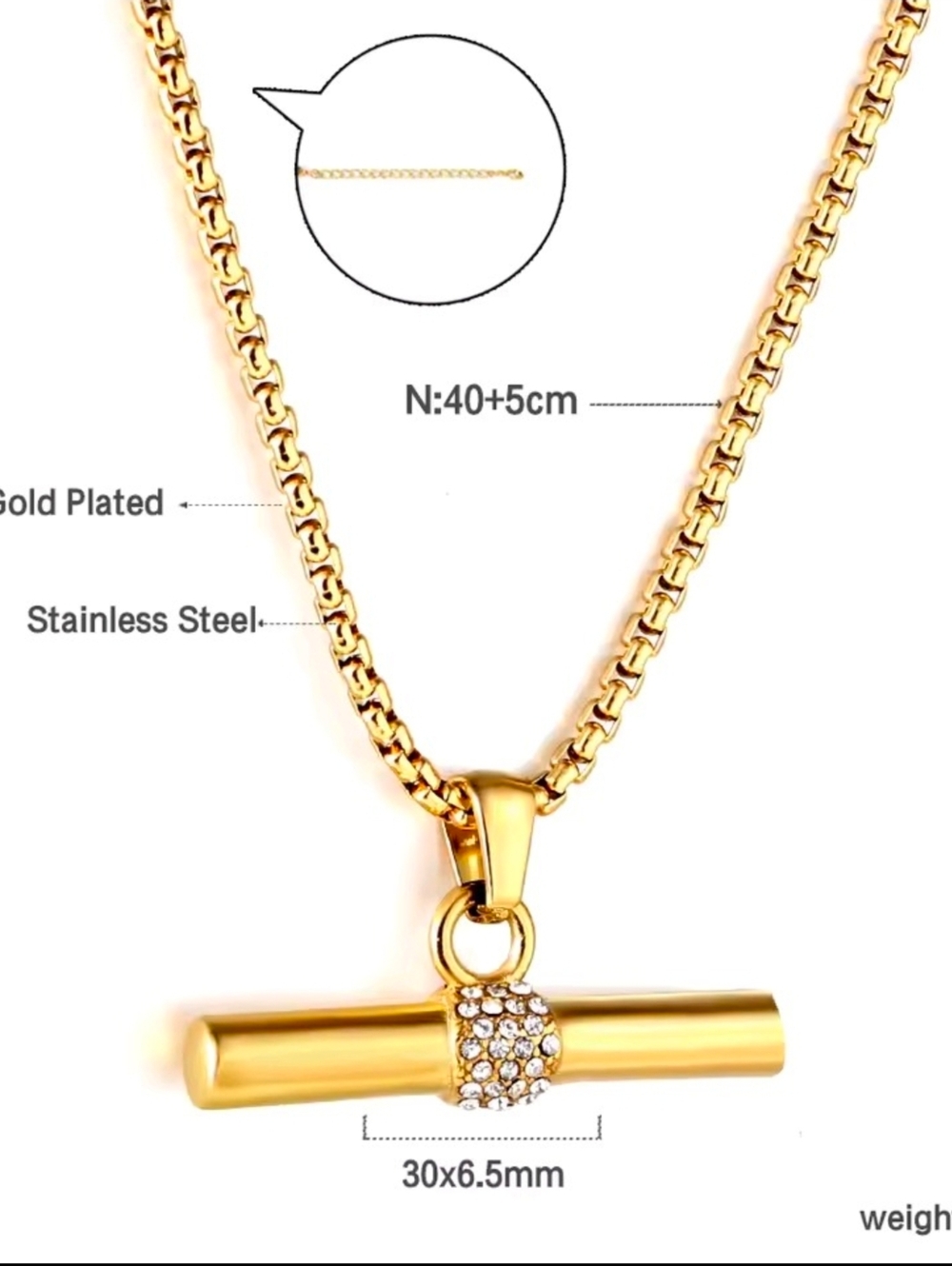 Gold Bar Pendant Necklace with Crystal Accent - Women Jewelry - Picture 3 of 9